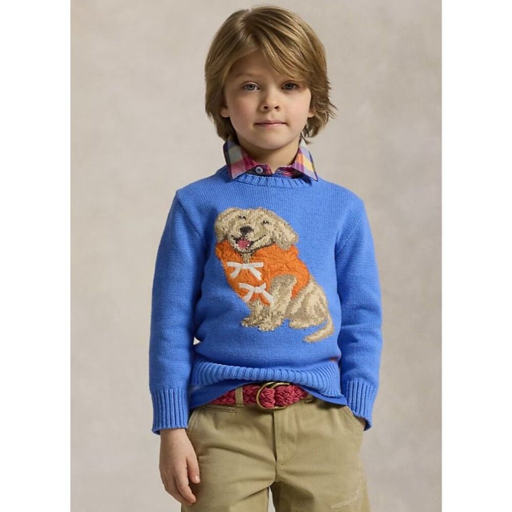 NWT Polo Ralph Lauren Dog Intarsia Cotton Jumper Sweater Blue Boys Size 5